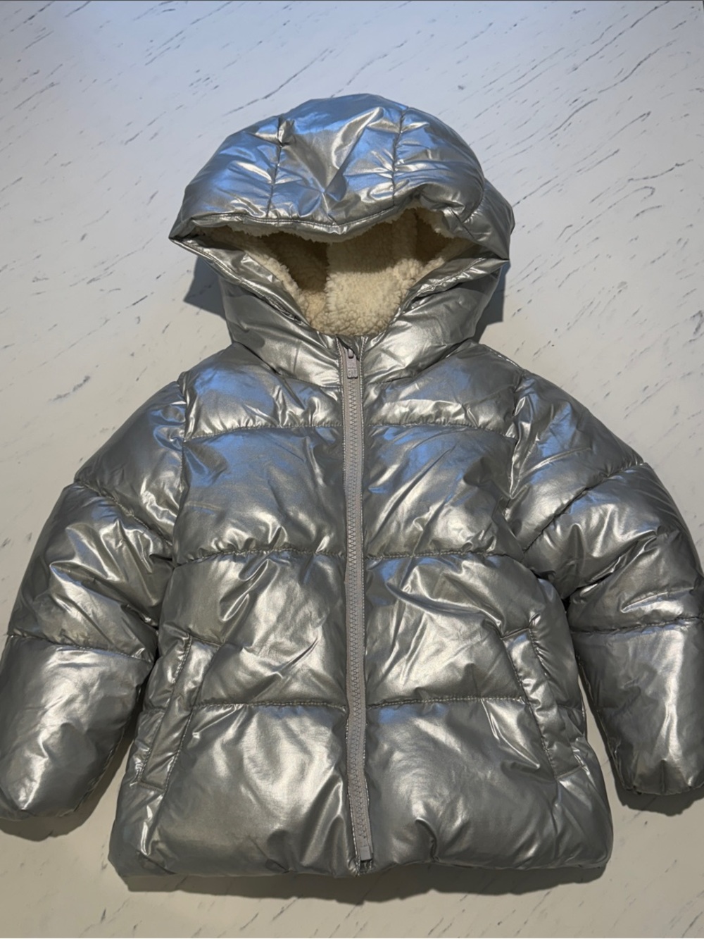 GAP Kids Metallic Silver Puffer Jacket with Hood 4T